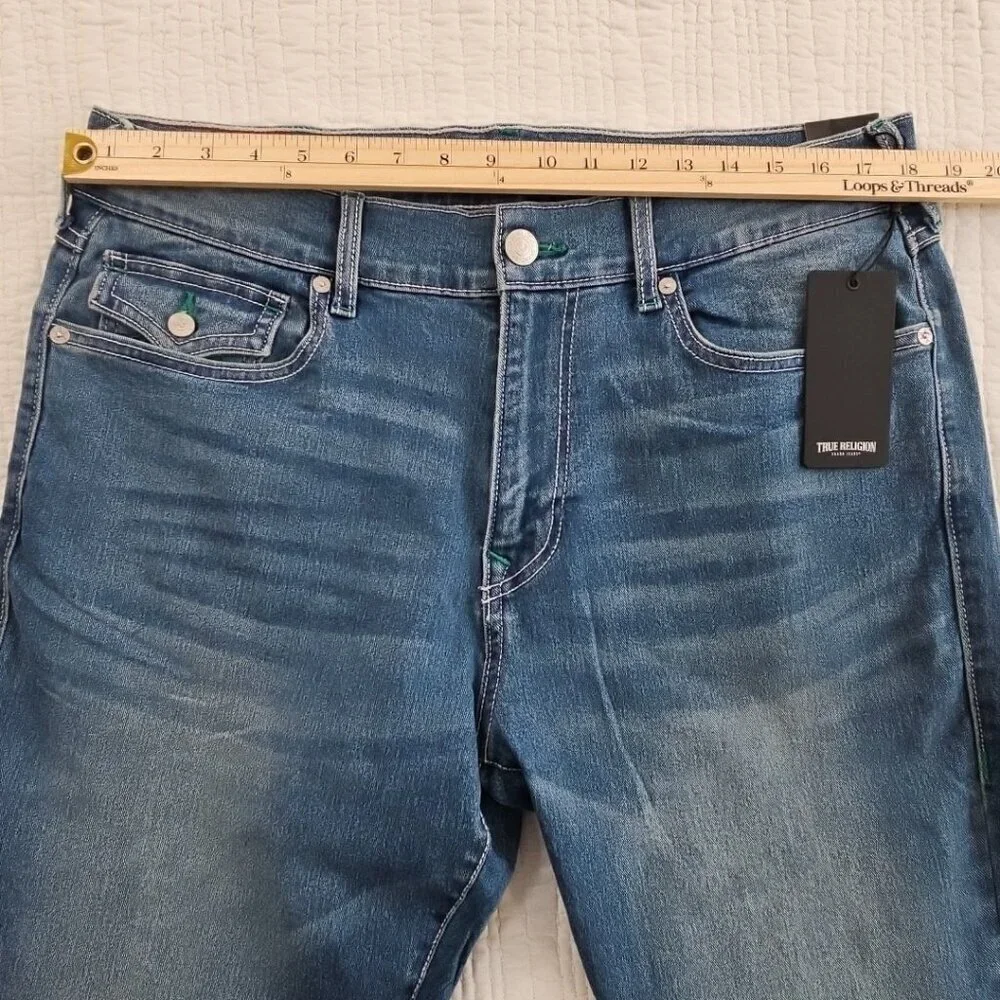 NWT True Religion Rocco Jeans Men's 36x32 Light Relaxed Flap Pocket Green Stitch